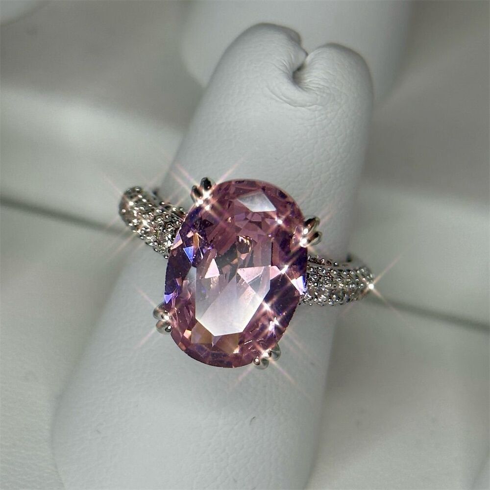 Pink Solitaire Gemstone Ring w/ Clear Accents Silver Plated Engagement size 6 - Picture 2 of 10